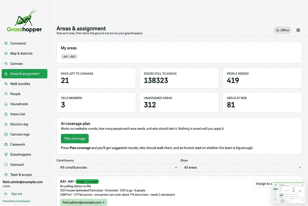 Grasshopper coverage planning interface using anonymised sample data
